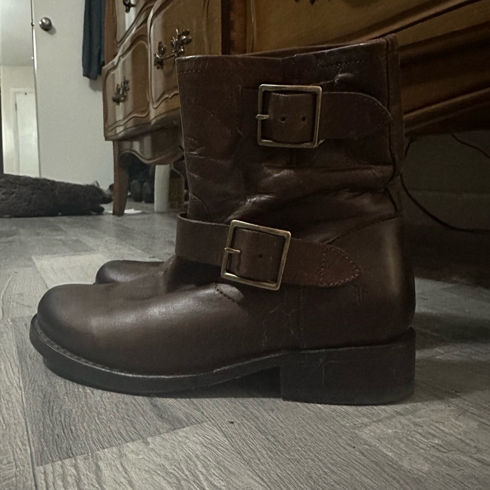 Frye Vicky Engineer Moto Brown Real Leather Belted Mid Calf Ankle Boot - Picture 5 of 13